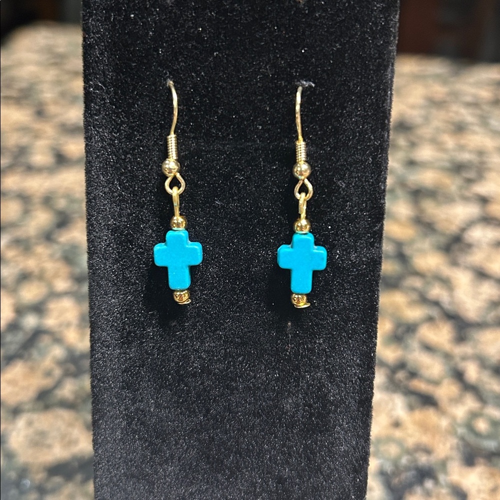 Turquoise Cross Gold Dangle Earrings